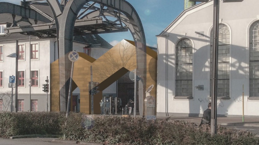 Das Bild zeigt das Modell des neuen Eingangs der Zinkfabrik Altenberg an der Hansastraße. Das Tor ist hell, offen und modern.